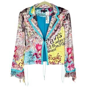 Boho Chic Multicolor Graphic Floral Streetwear Lace Up Ruffle Sleeve Blazer 10